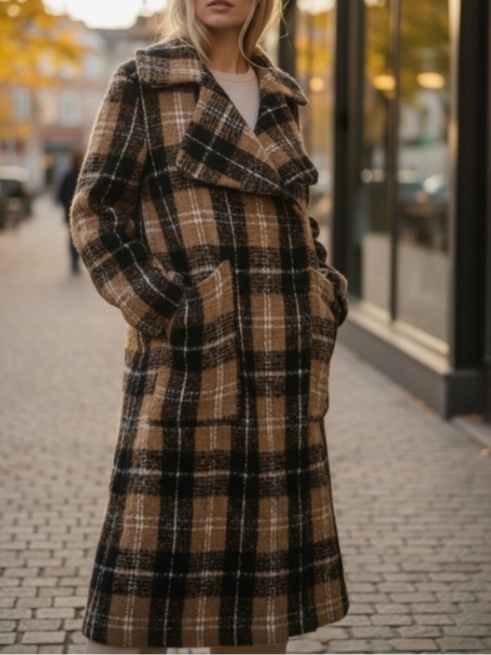 Free People Plaid Duster Coat in Tan and Black